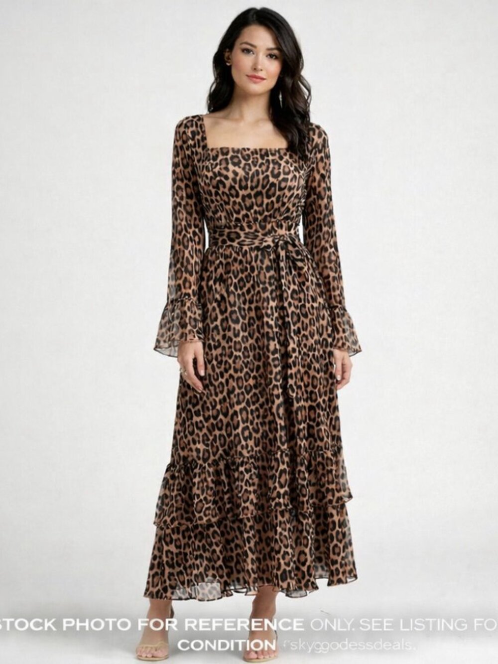 NWT Endless Moon Leopard Maxi Dress Square Neck Belted Long Sleeve Feminine L